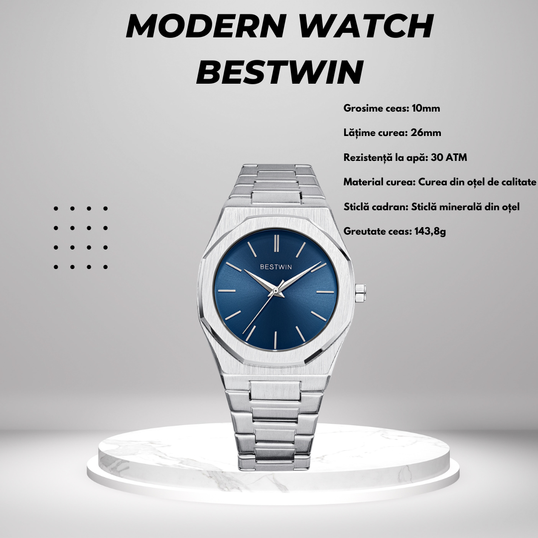Ceas bărbătesc Bestwin Quartz, Design Elegant,Cadran albastru premium