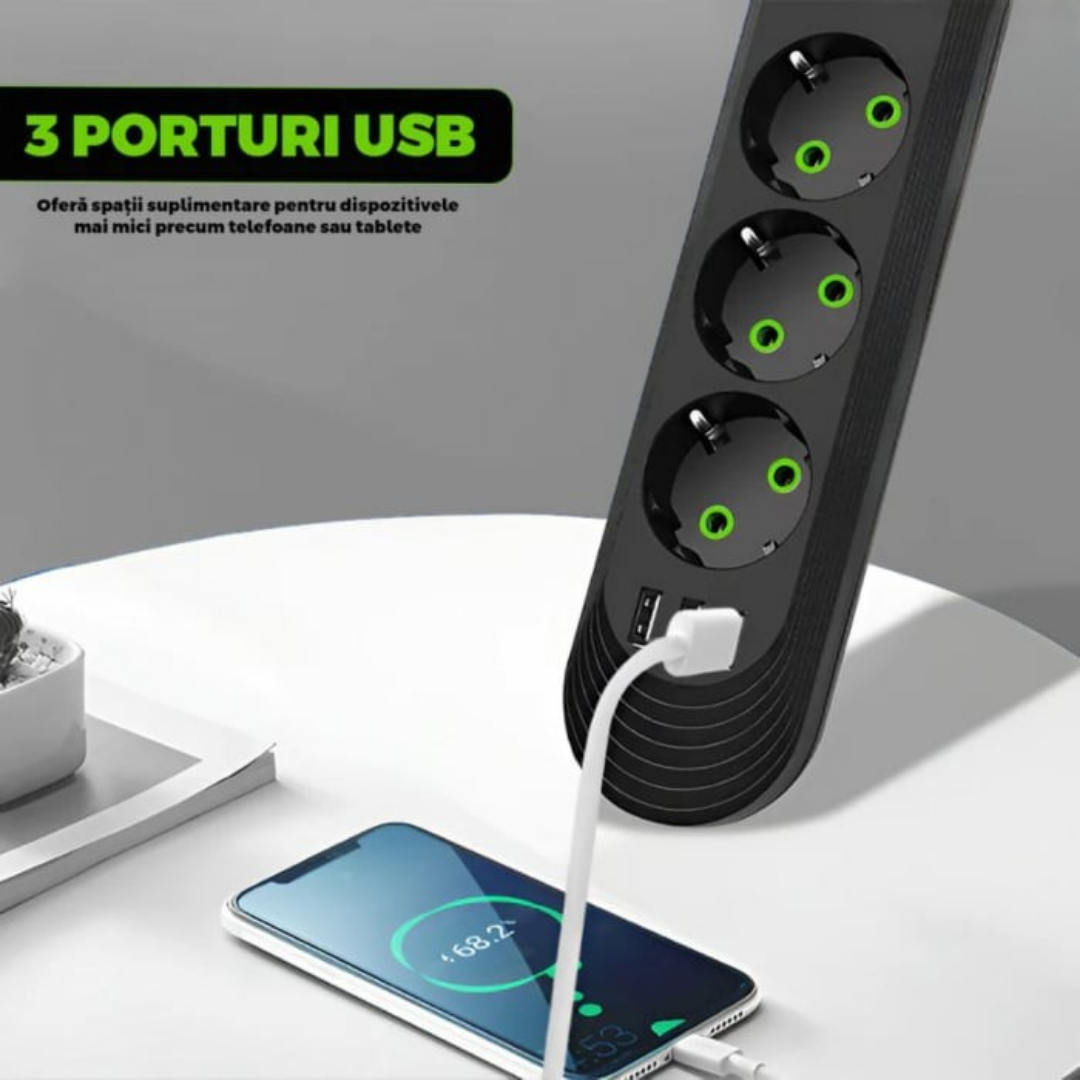 Prelungitor Electric Cu 5 Prize Si 3 Porturi USB, Cablu 3 Metri, Buton Pornire Oprire, Negru