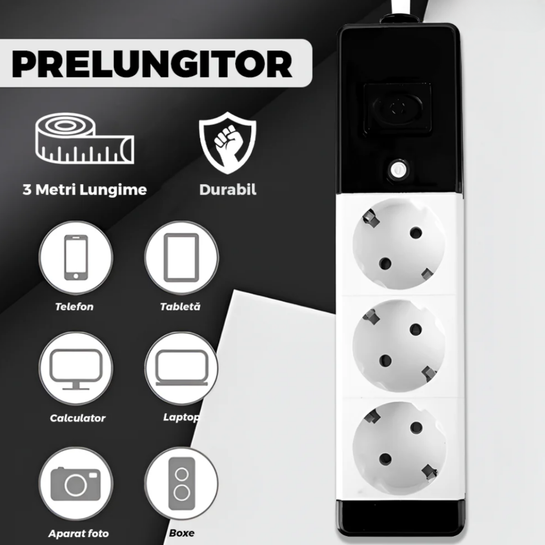 Prelungitor Electric 3 Metri, 3 Prize Schuko, Buton Oprire,Negru