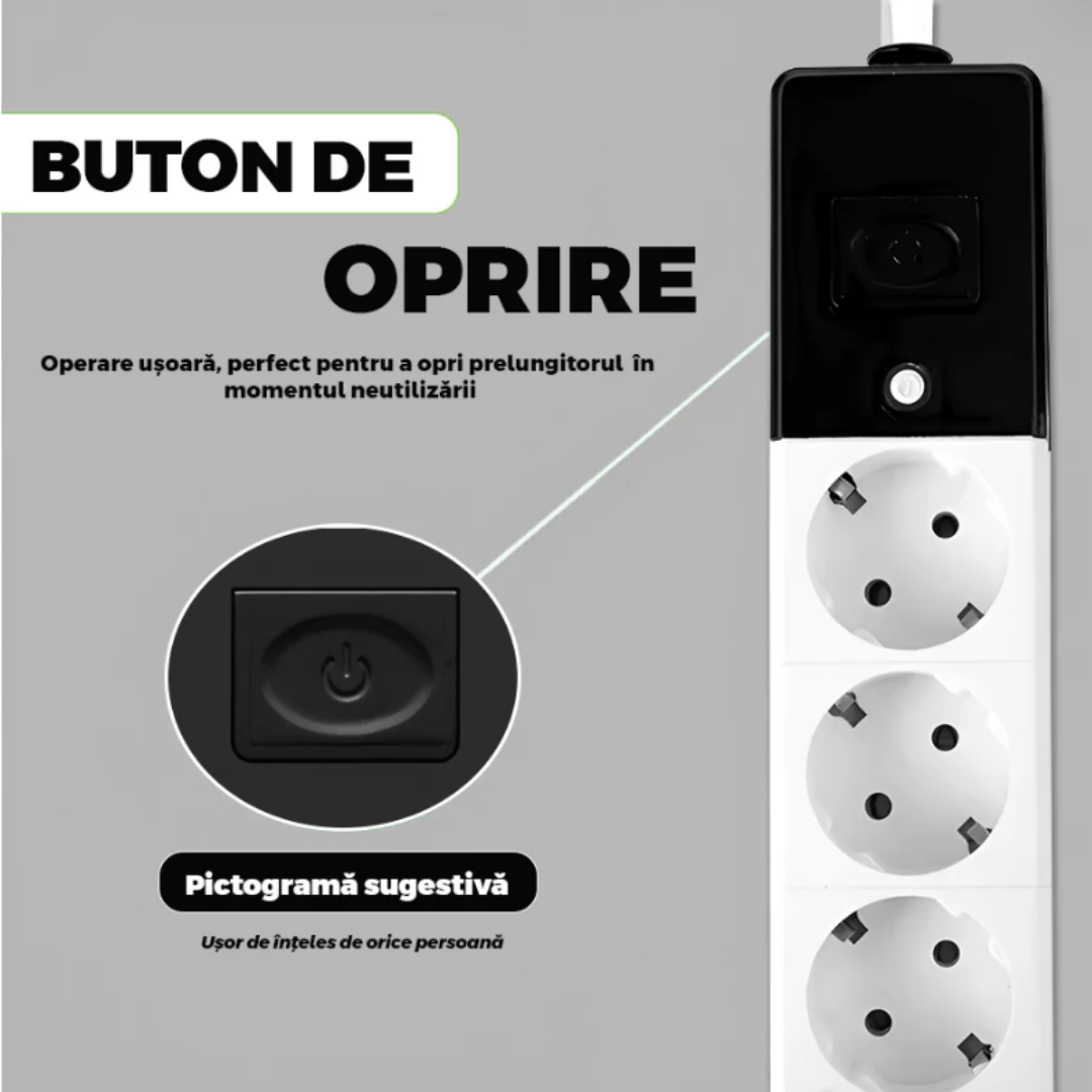Prelungitor Electric 5 Prize Schuko Cu Intrerupator On Off, Cablu 5 Metri,Alb-Negru