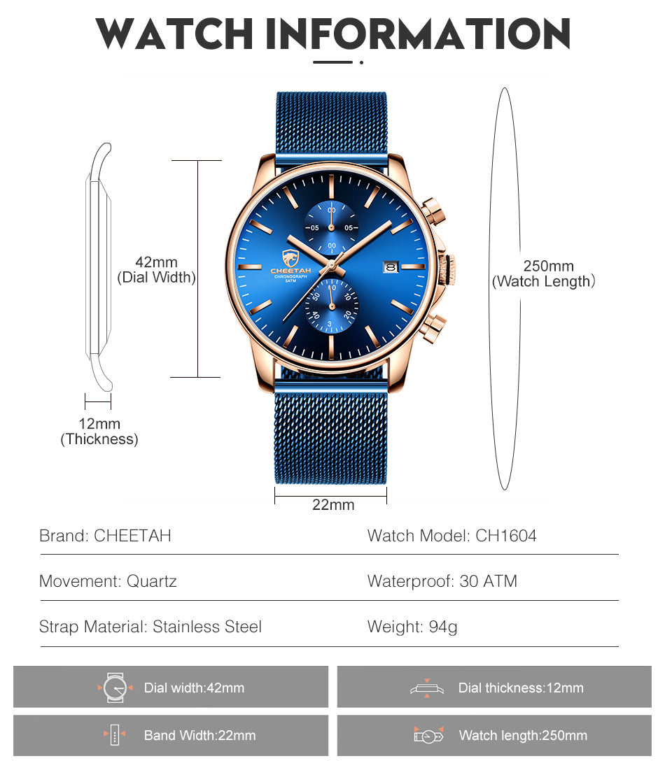 Ceas Bărbătesc Cronograf, Roze Auriu și Albastru