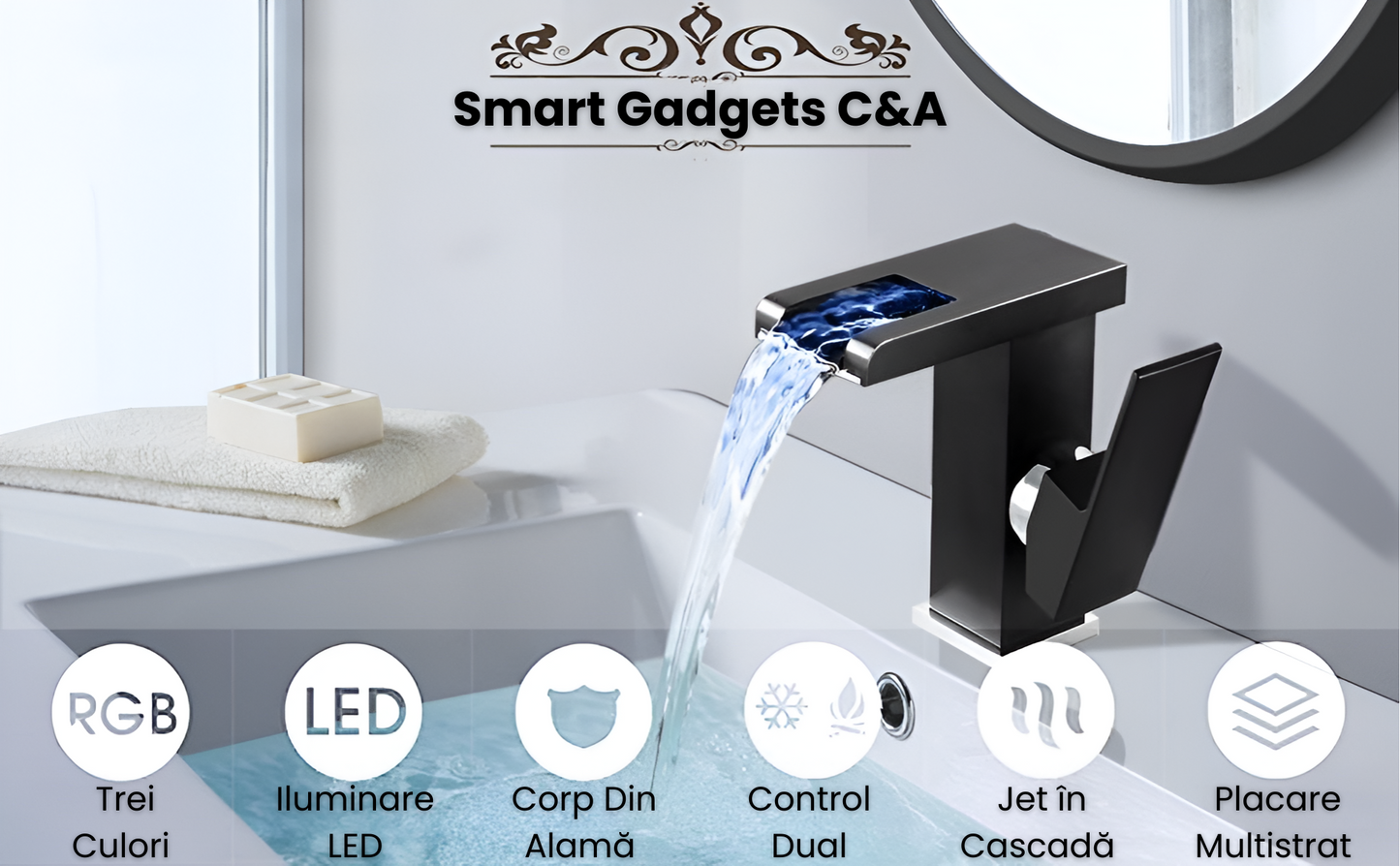 Robinet LED Cascada Modern, Jet RGB,Negru