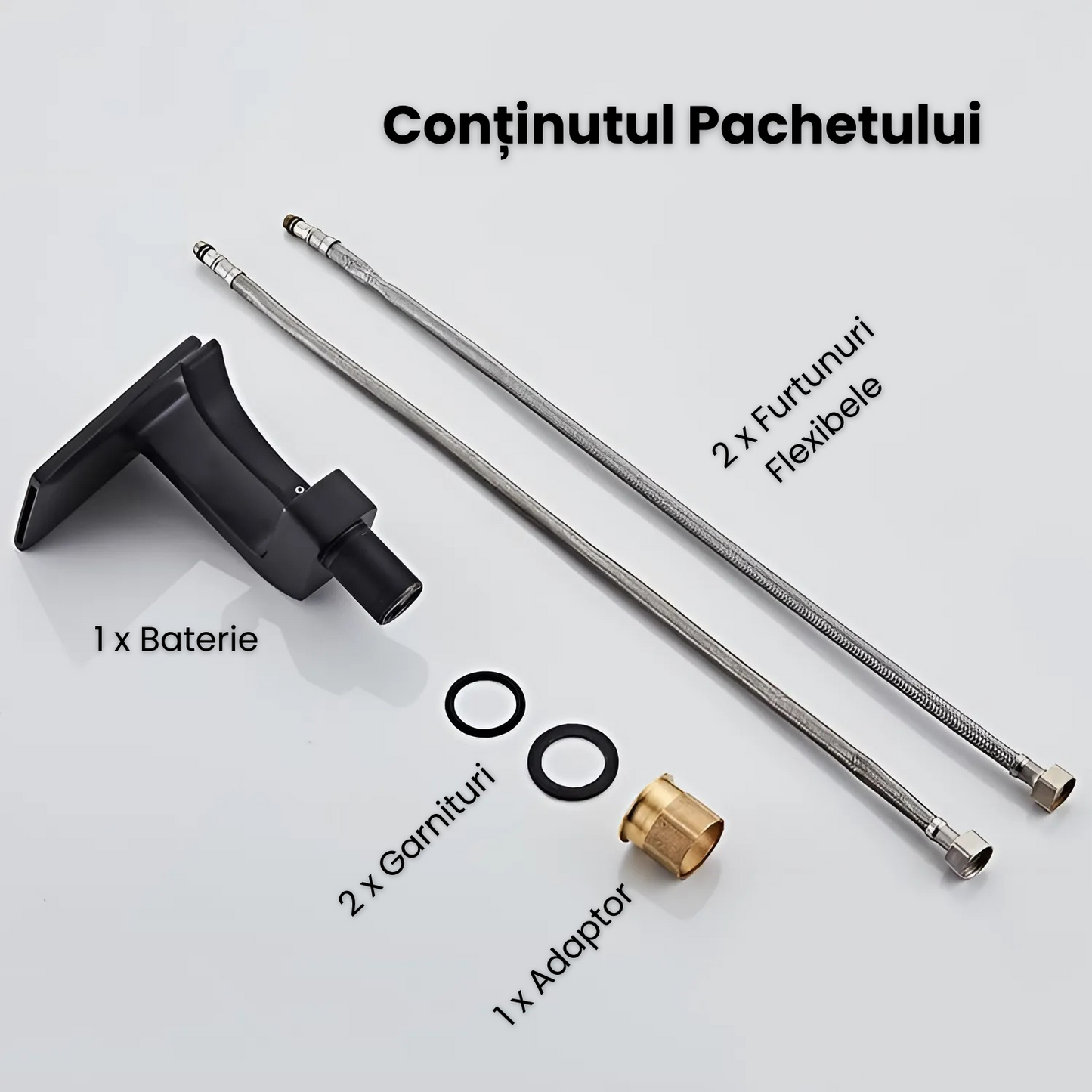 Baterie Chiuveta Baie Tip Cascada, Racorduri incluse, Otel Inoxidabil,Negru Mat, 14.5CM