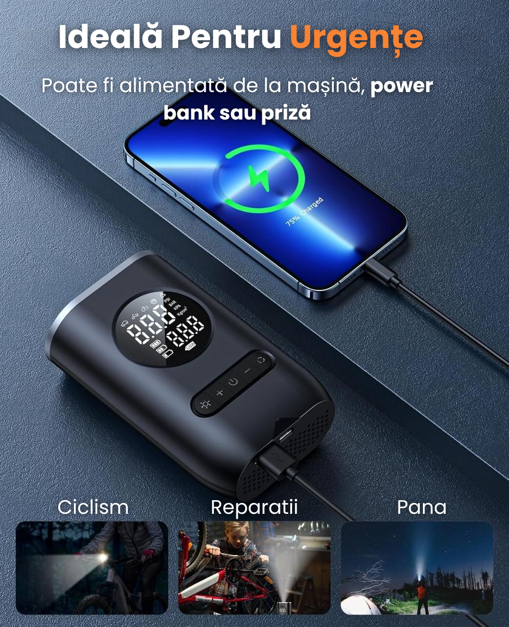 Compresor Aer Portabil Auto Cu Afisaj Digital LED,Negru