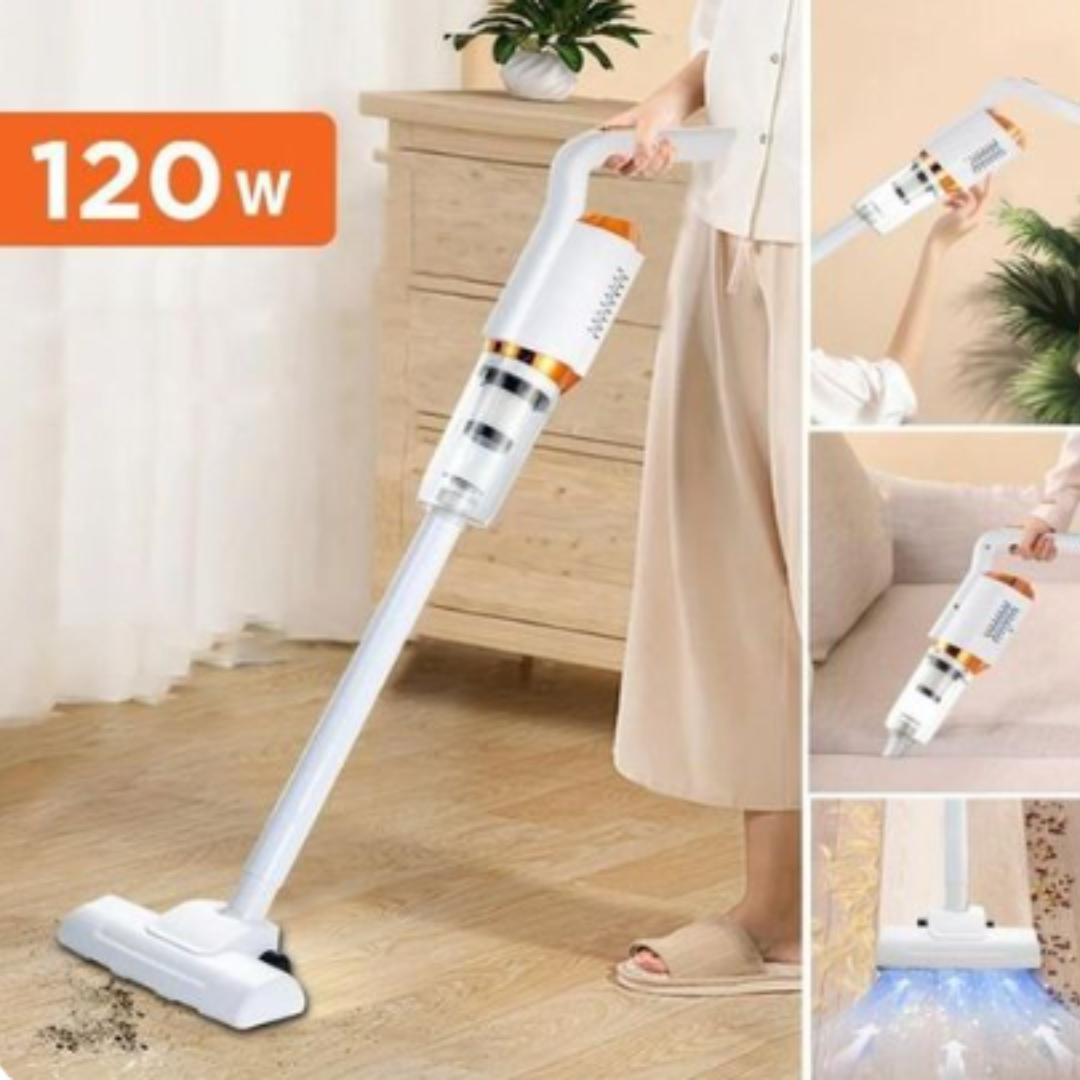 Aspirator Vertical Si De Mana 2 In 1, 120W Putere, Filtru Hepa Lavabil, Portabil Cu Incarcare USB, Ultra Usor Si Versatil Pentru Parchet, Canapea, Colturi Si Suprafete Delicate, Design Alb Cu Accente Portocalii, Smart Gadgets C&A