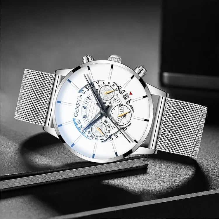 Ceas Dama Chronograph cu Cadran Argintiu, Curea Tip Plasa