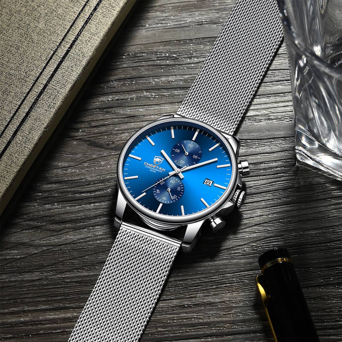 Ceas Barbatesc Cronograf,Argintiu-Albastru