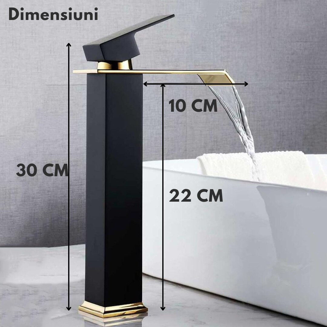 Baterie Chiuveta Baie, Tip Cascada, Monocomanda, Racorduri incluse, Otel Inoxidabil, Neagru-Auriu 30CM