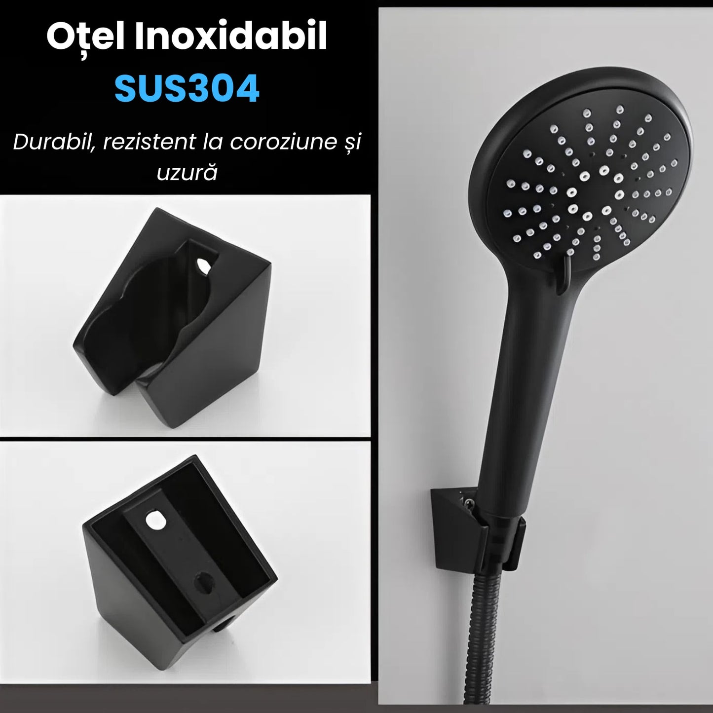 Baterie cada, set dus complet negru mat, cu dus fix si mobil din otel inoxidabil, fara gauri