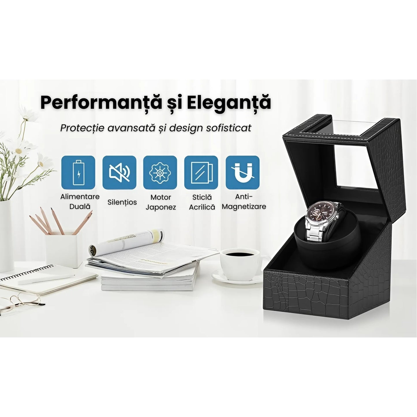 Cutie Rotativa Automata Pentru Ceas, Afisaj Premium, Doua Sloturi, Alimentare Dubla,Negru Mat Crocodil