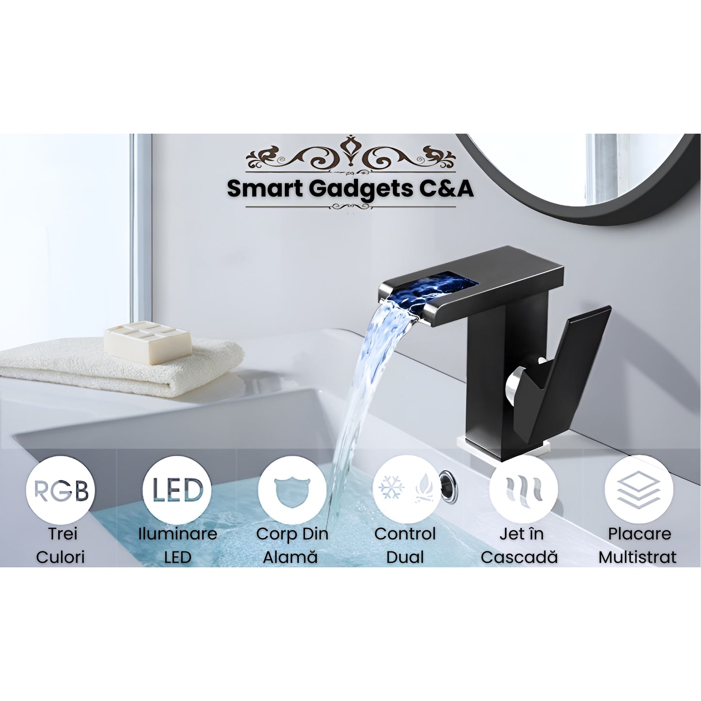 Baterie Sanitara Baie,LED Cascada Modern, Jet RGB, Finisaj Alb Mat