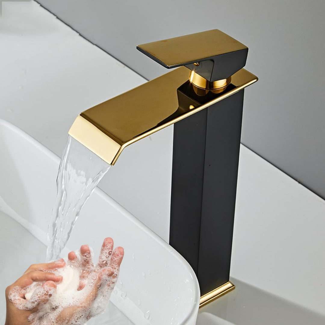 Baterie Chiuveta Baie, Tip Cascada, Monocomanda, Racorduri incluse, Otel Inoxidabil, Neagru-Auriu 30CM
