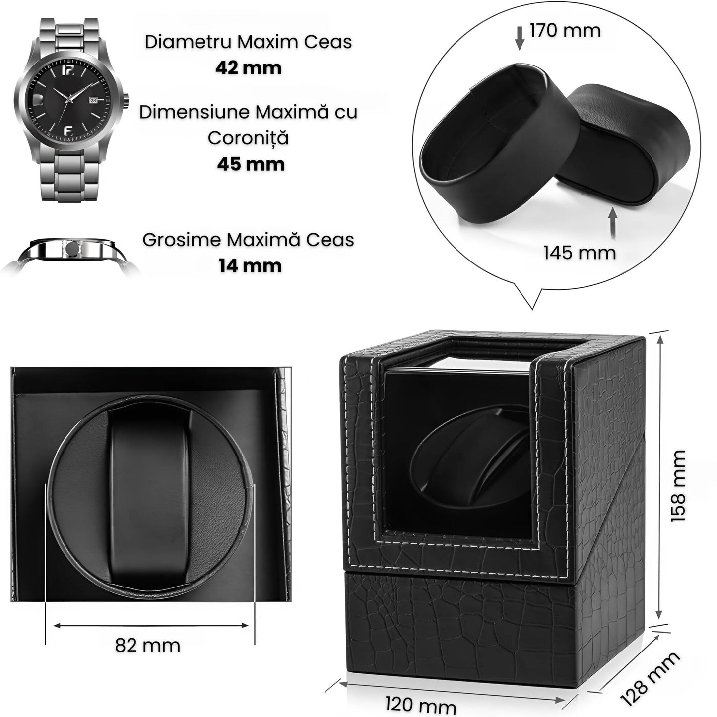 Cutie Rotativa Automata Pentru Ceas, Afisaj Premium, Doua Sloturi, Alimentare Dubla,Negru Mat Crocodil