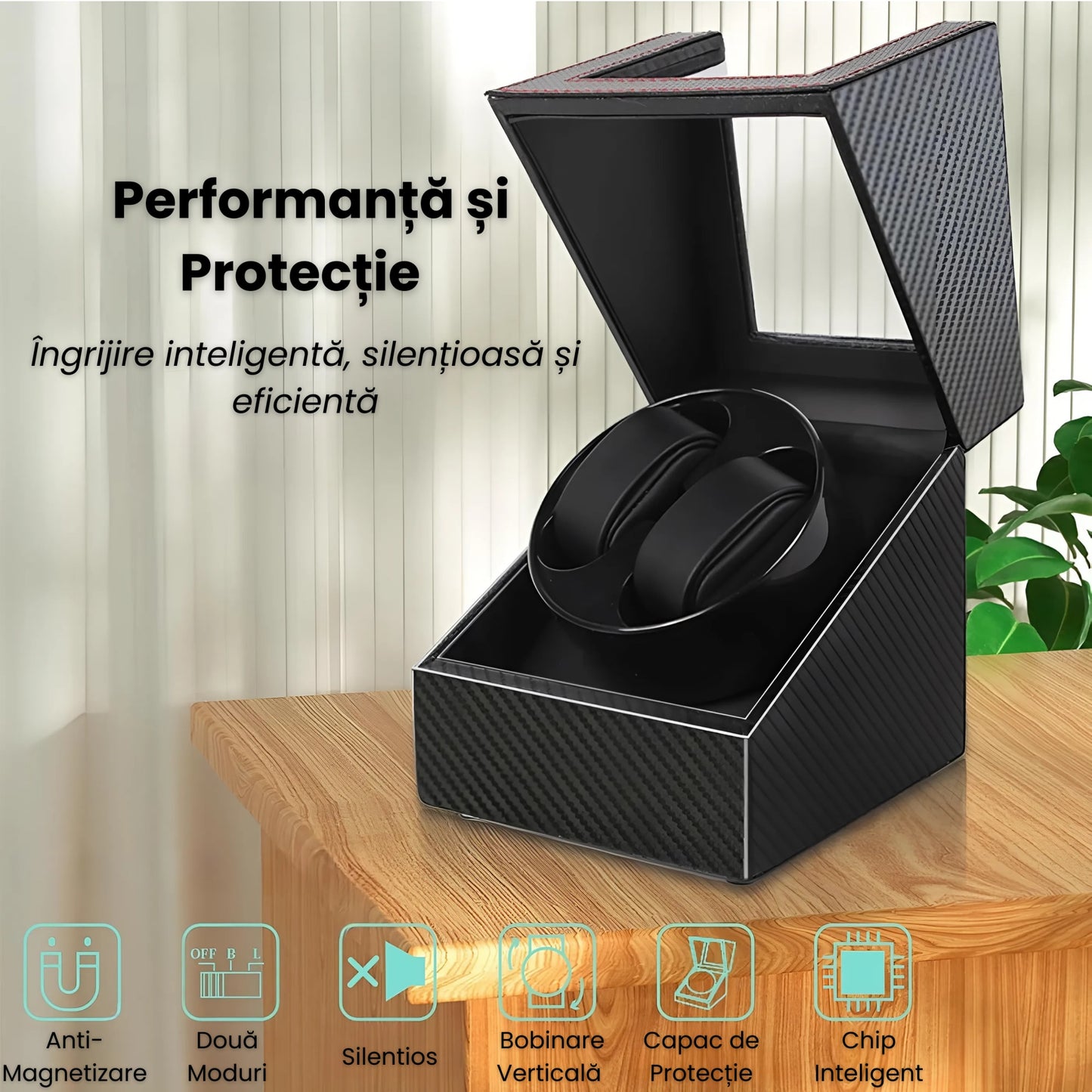 Cutie Rotativa Automata Pentru Ceas, Afisaj Premium, Doua Sloturi, Alimentare Dubla,Negru Cu Insertii Rosii