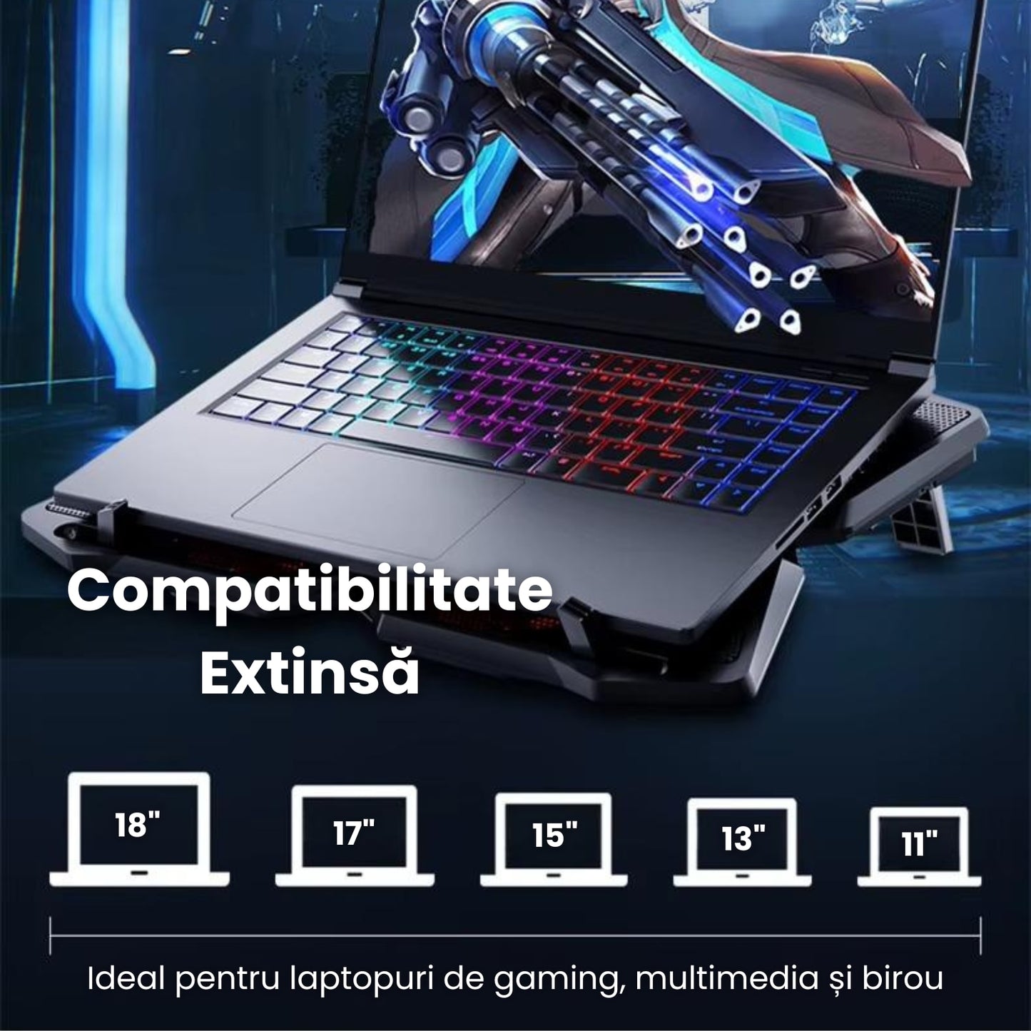 Cooler Laptop Gaming Si Office Cu 4 Ventilatoare LED, Viteza Reglabila, Racire Silentioasa 25dB, Compatibil 11-18 Inch, Port USB Dublu, Motor Puternic, Iluminare LED, Design Ergonomic, Grilaj Protectie, Negru-Rosu