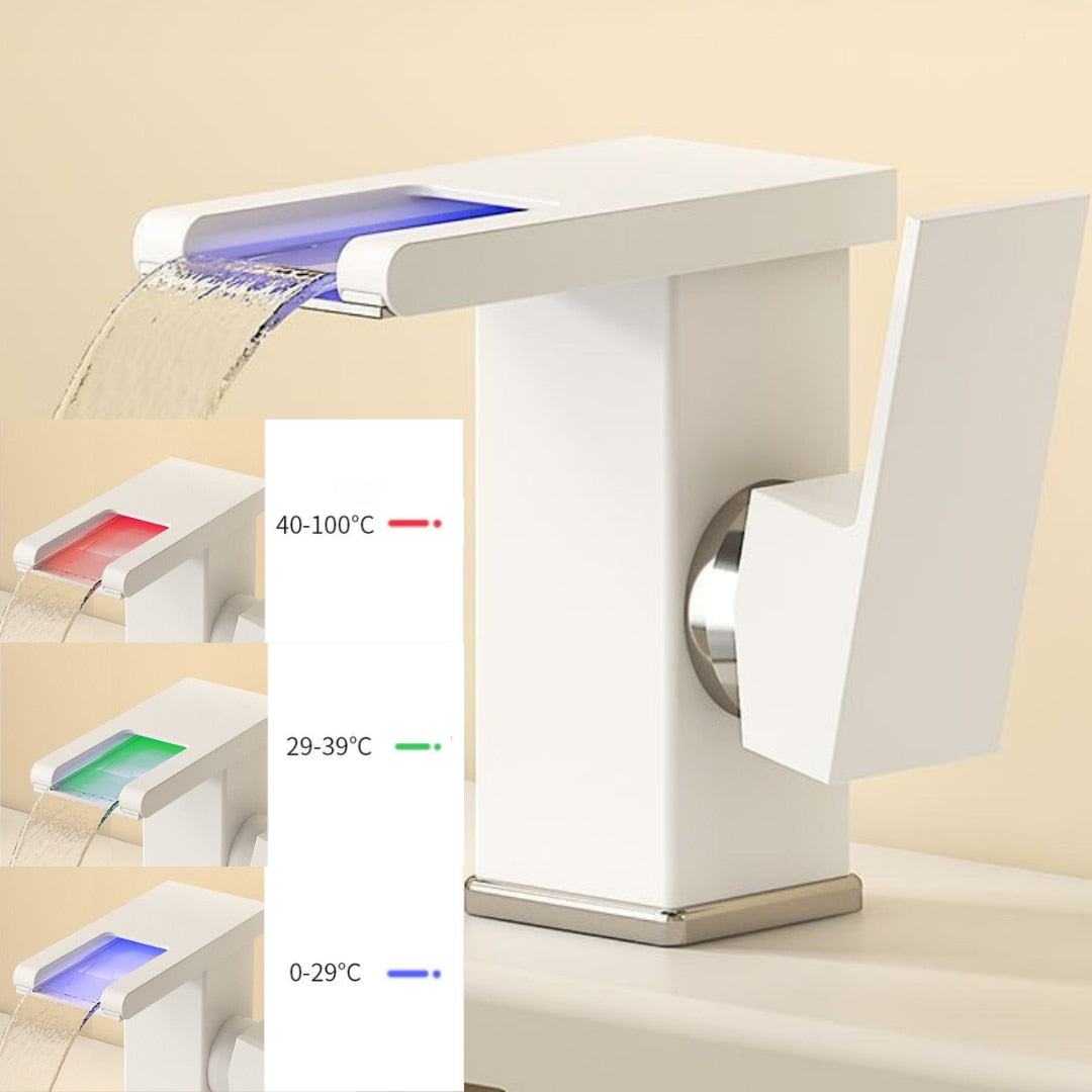 Baterie Sanitara Baie,LED Cascada Modern, Jet RGB, Finisaj Alb Mat