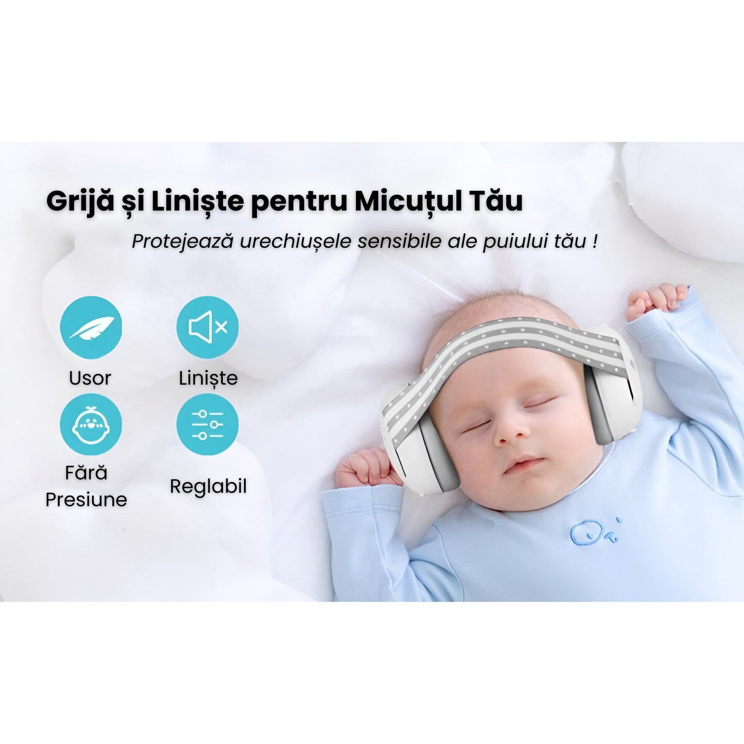 Casti Pentru Bebelusi Antifonice, Pliabile. Protectie Auditiva, Reglabile Si Usoare, Culoare Gri, Ideale Pentru Evenimente Zgomotoase, Alb