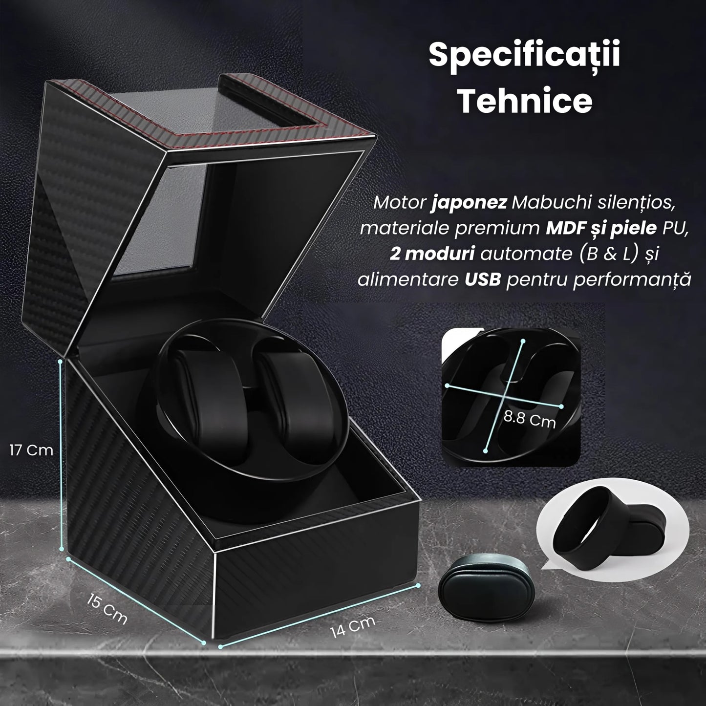 Cutie Rotativa Automata Pentru Ceas, Afisaj Premium, Doua Sloturi, Alimentare Dubla,Negru Cu Insertii Rosii