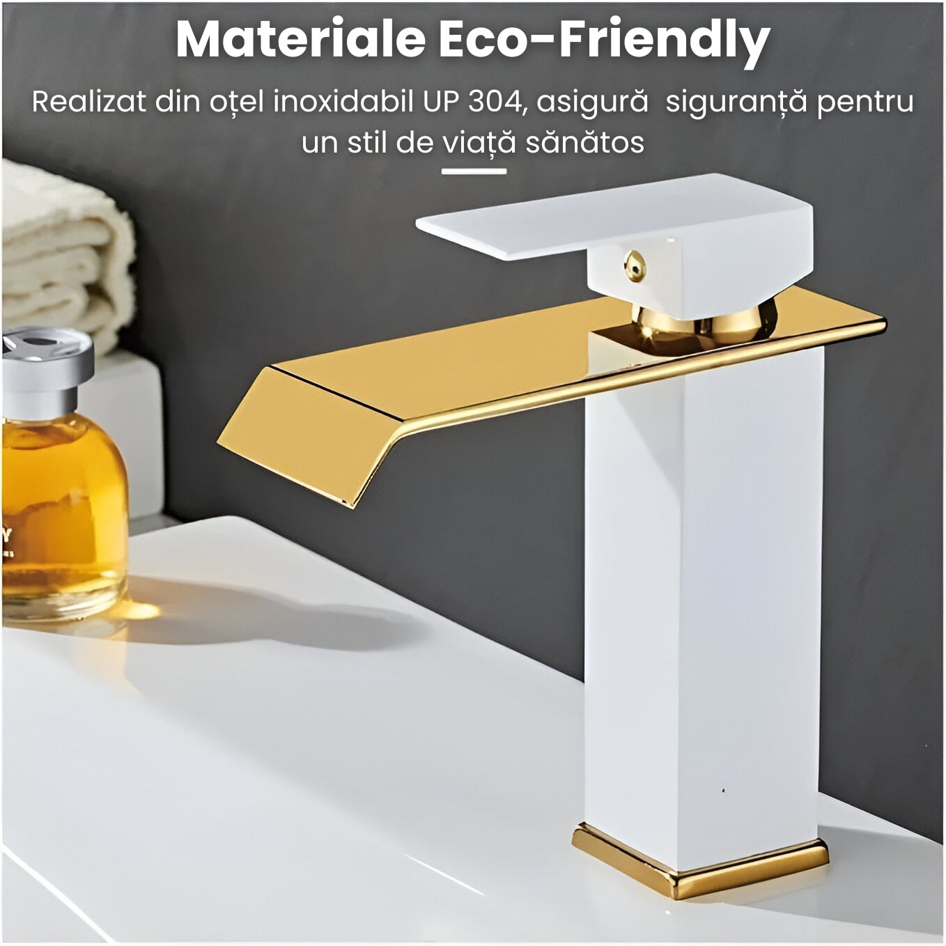 Baterie Chiuveta Baie, Tip Cascada, Monocomanda, Design Minimalist, Racorduri incluse, Otel Inoxidabil, Puternica si Durabila, Rezistenta la rugina si coroziune, usor de instalat, SMARTGADGETS C&A, Alb-Auriu, 19 CM
