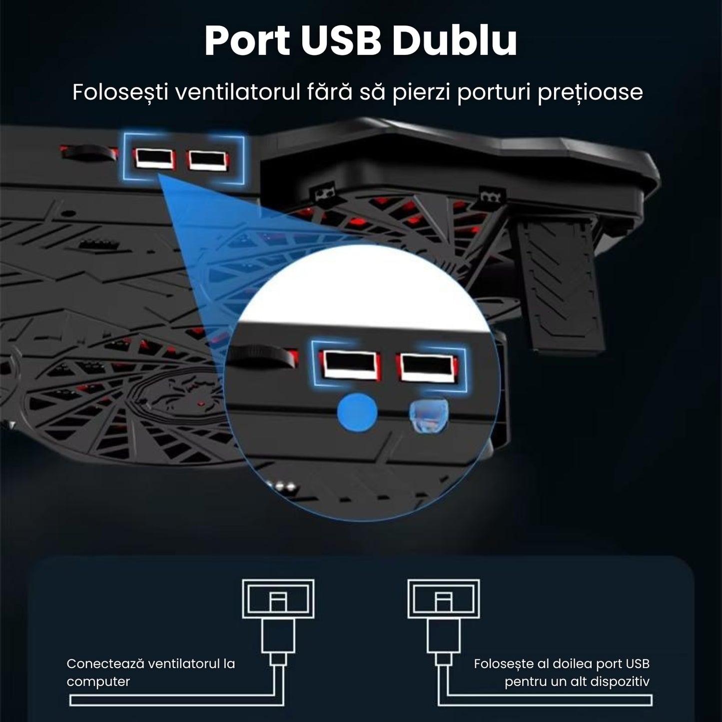 Cooler Laptop Gaming Si Office Cu 4 Ventilatoare LED, Viteza Reglabila, Racire Silentioasa 25dB, Compatibil 11-18 Inch, Port USB Dublu, Motor Puternic, Iluminare LED, Design Ergonomic, Grilaj Protectie, Negru-Rosu