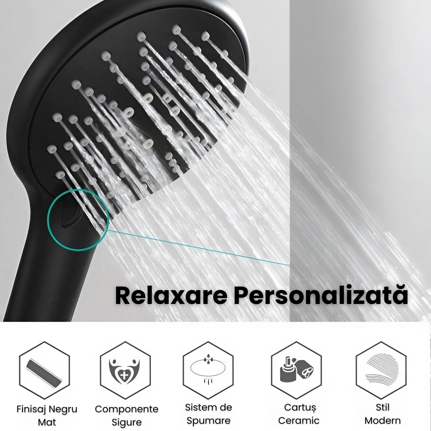 Baterie cada, set dus complet negru mat, cu dus fix si mobil din otel inoxidabil, fara gauri