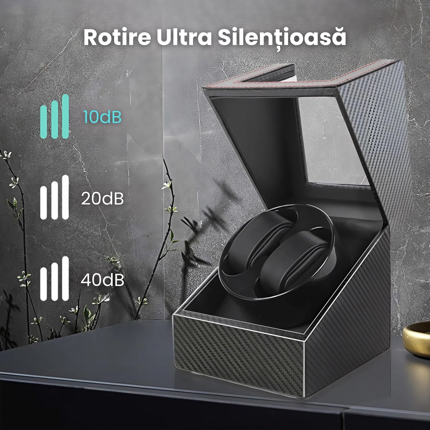 Cutie Rotativa Automata Pentru Ceas, Afisaj Premium, Doua Sloturi, Alimentare Dubla,Negru Cu Insertii Rosii