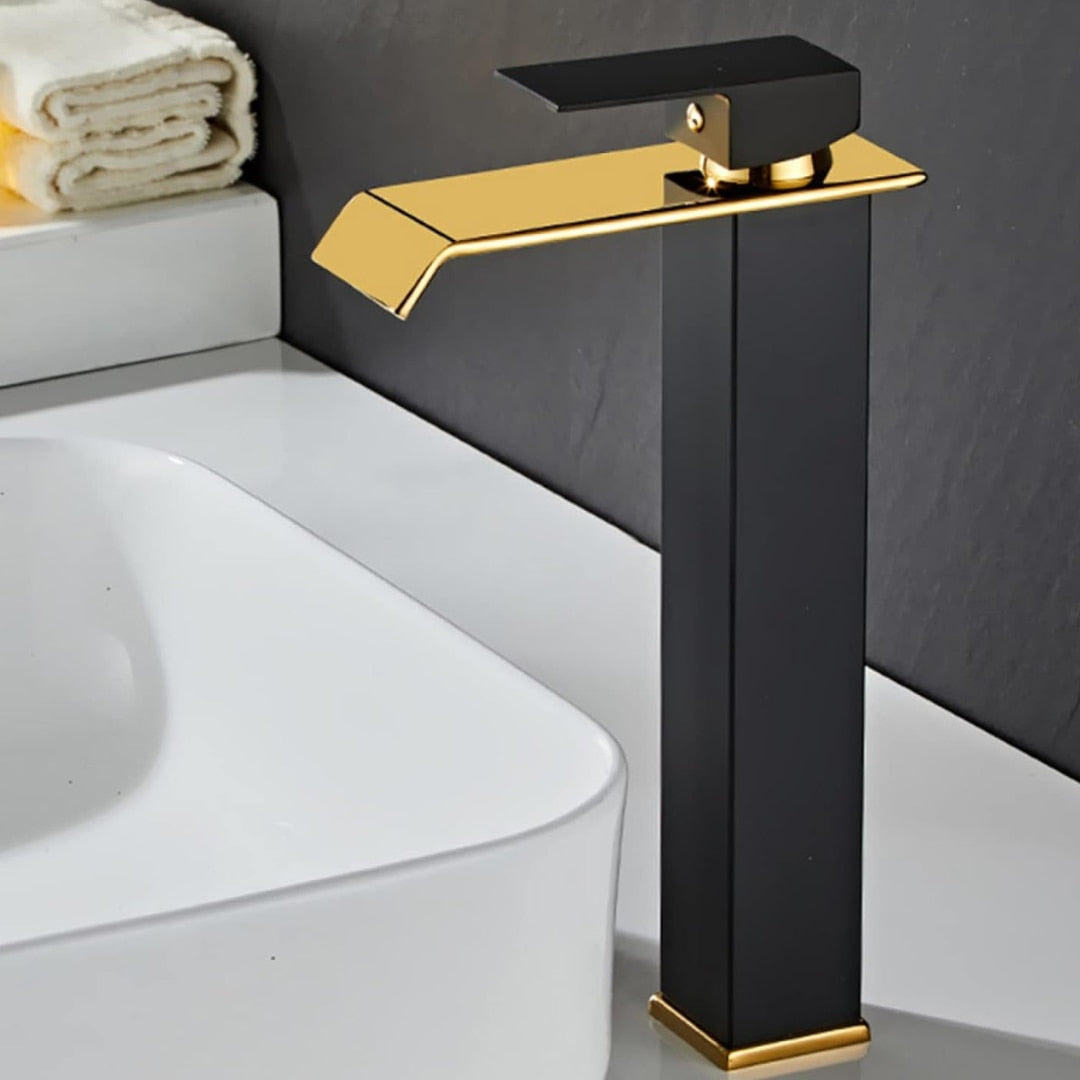 Baterie Chiuveta Baie, Tip Cascada, Monocomanda, Racorduri incluse, Otel Inoxidabil, Neagru-Auriu 30CM