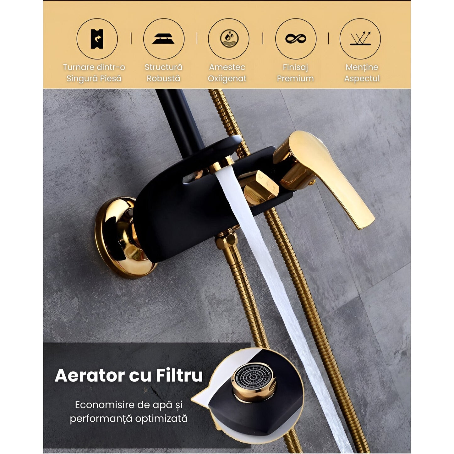 Coloana de Dus Smart,3 Moduri de Pulverizare, Tehnologie de Pulverizare cu Aer, Lumini LED,Auriu Intens Cu Negru