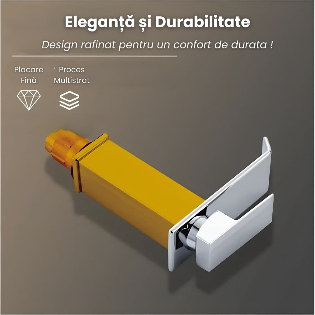 Baterie Chiuveta Baie, Tip Cascada, Monocomanda, Design Minimalist, Racorduri incluse, Otel Inoxidabil, Puternica si Durabila, Rezistenta la rugina si coroziune, usor de instalat, SMARTGADGETS C&A, Alb-Auriu, 19 CM