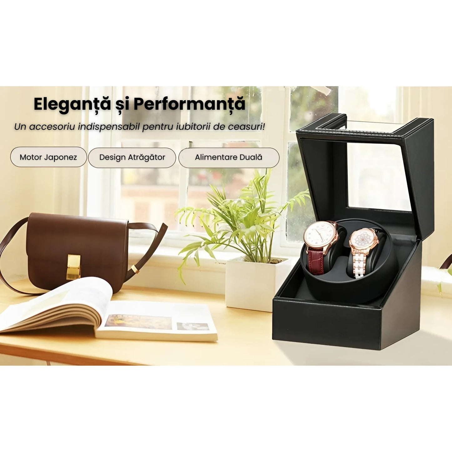 Cutie Rotativa Automata Pentru Ceas, Afisaj Premium, Doua Sloturi, Alimentare Dubla,Negru Mat Simplist