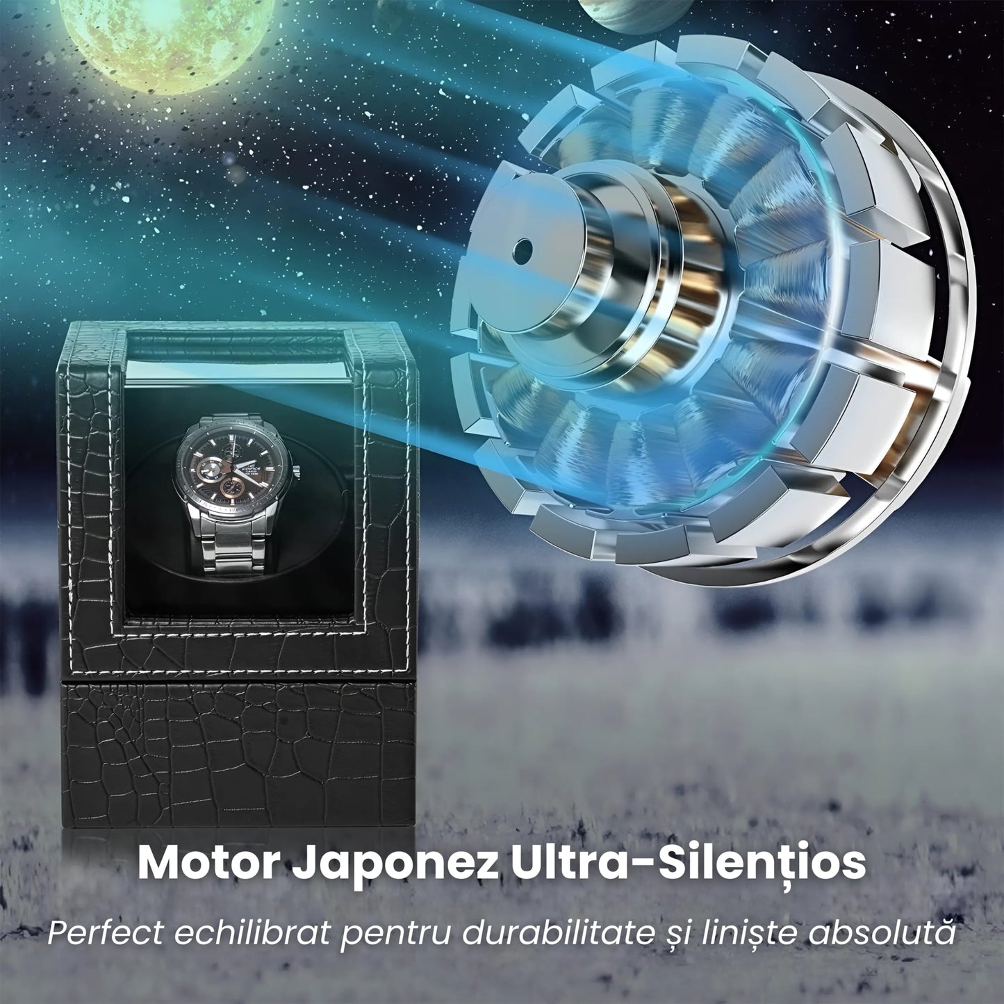 Cutie Rotativa Automata Pentru Ceas, Afisaj Premium, Doua Sloturi, Alimentare Dubla,Negru Mat Crocodil
