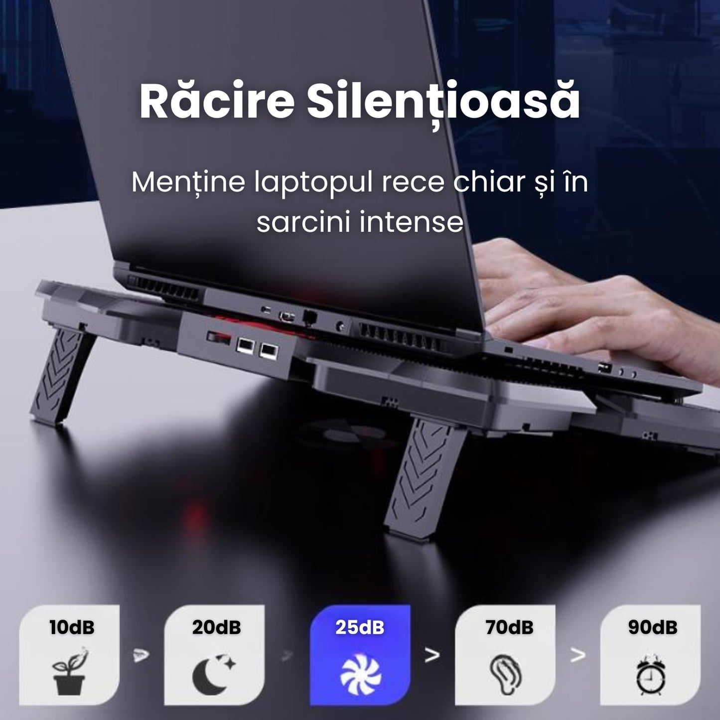 Cooler Laptop Gaming Si Office Cu 4 Ventilatoare LED, Viteza Reglabila, Racire Silentioasa 25dB, Compatibil 11-18 Inch, Port USB Dublu, Motor Puternic, Iluminare LED, Design Ergonomic, Grilaj Protectie, Negru-Rosu