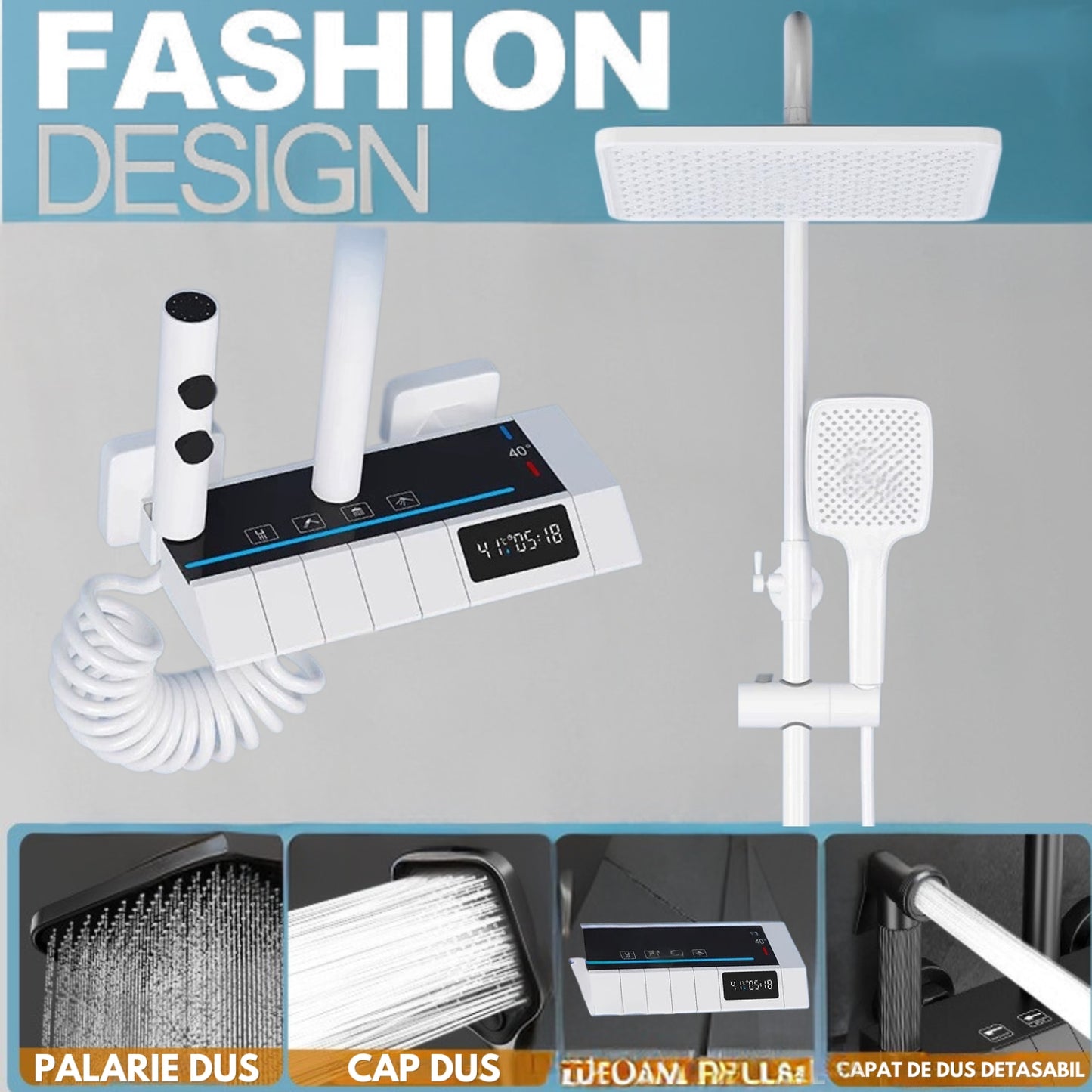 Coloana De Dus, Afisaj Temperatura Digital, Lumini LED, Fara Conectare La Curent Electric, Alb