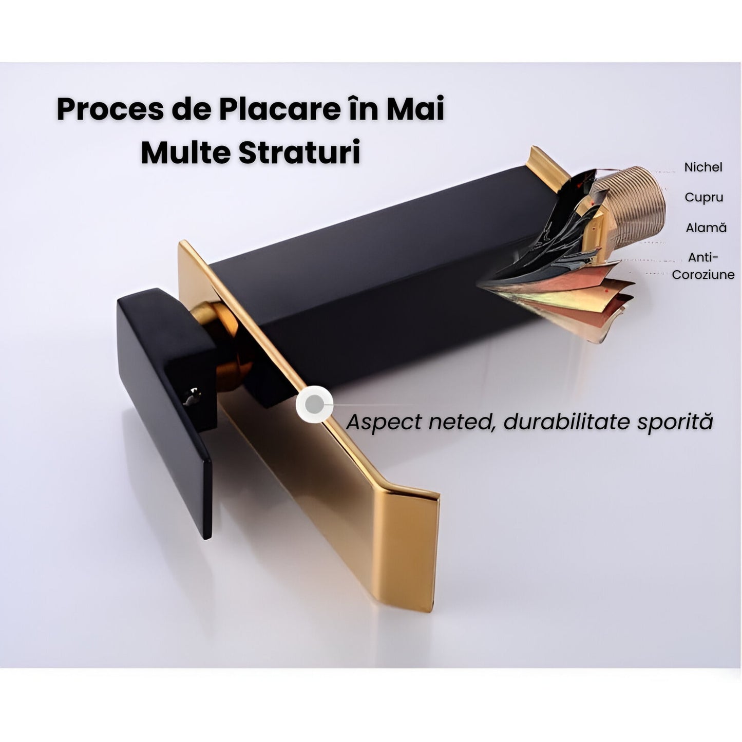 Baterie Chiuveta Baie, Tip Cascada, Monocomanda, Design Minimalist, Racorduri incluse, Otel Inoxidabil,Negru-Auriu 19 CM