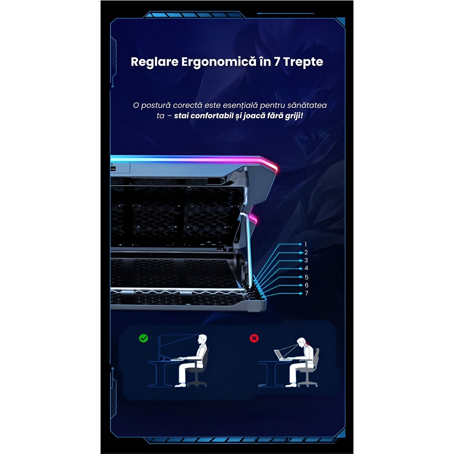 Cooler Laptop cu 15 Ventilatoare Silentioase, Display Tactil si RGB, Reglare Ergonomica in 7 Trepte, Compatibilitate Universala, Suport Telefon Integrat, Tehnologie de Racire de Mare Viteza,Albastru