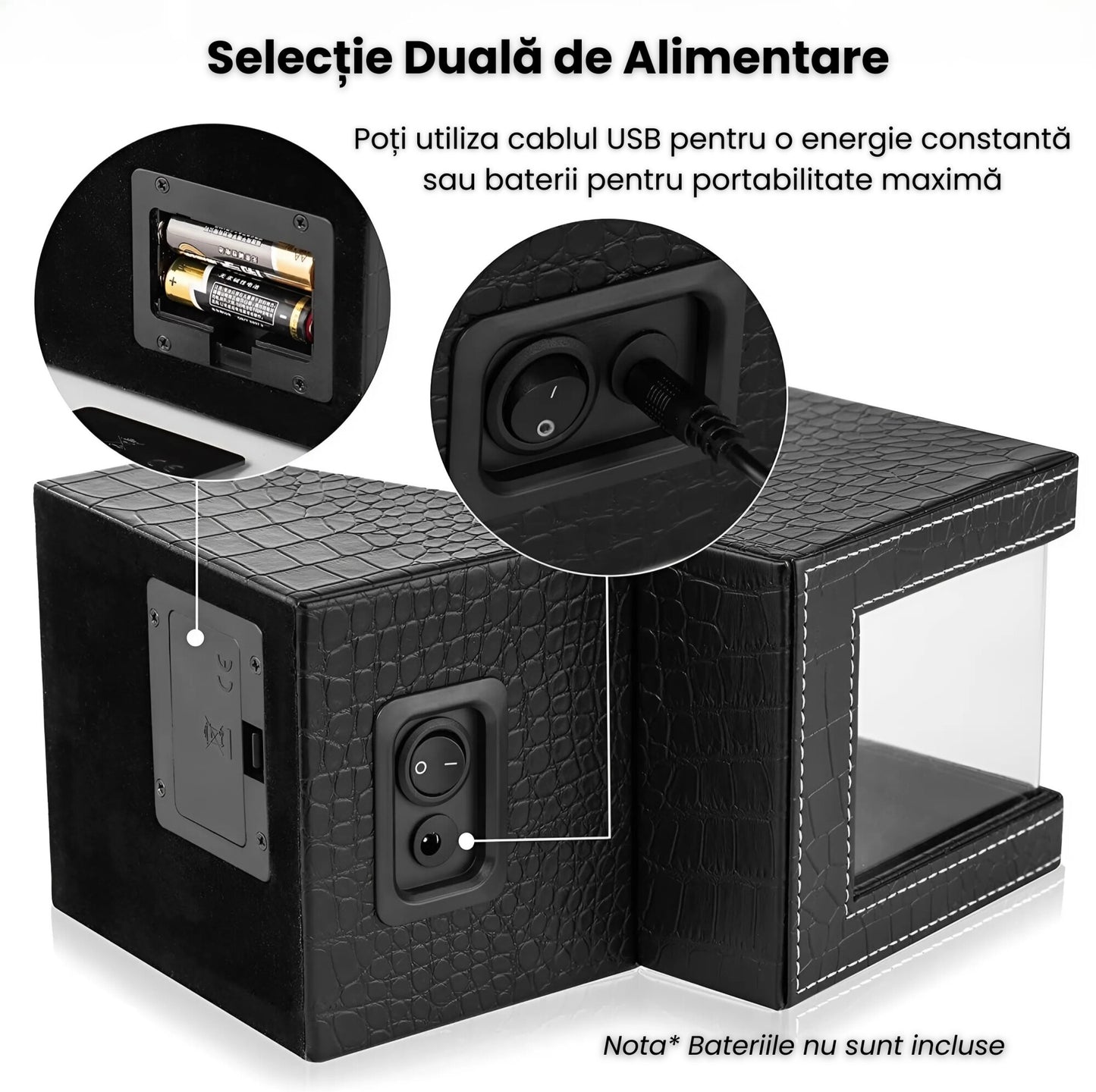 Cutie Rotativa Automata Pentru Ceas, Afisaj Premium, Doua Sloturi, Alimentare Dubla,Negru Mat Crocodil