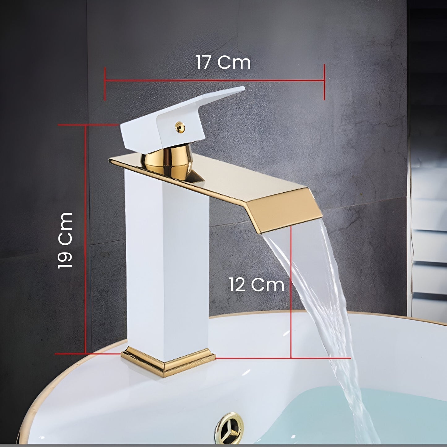 Baterie Chiuveta Baie, Tip Cascada, Monocomanda, Design Minimalist, Racorduri incluse, Otel Inoxidabil, Puternica si Durabila, Rezistenta la rugina si coroziune, usor de instalat, SMARTGADGETS C&A, Alb-Auriu, 19 CM