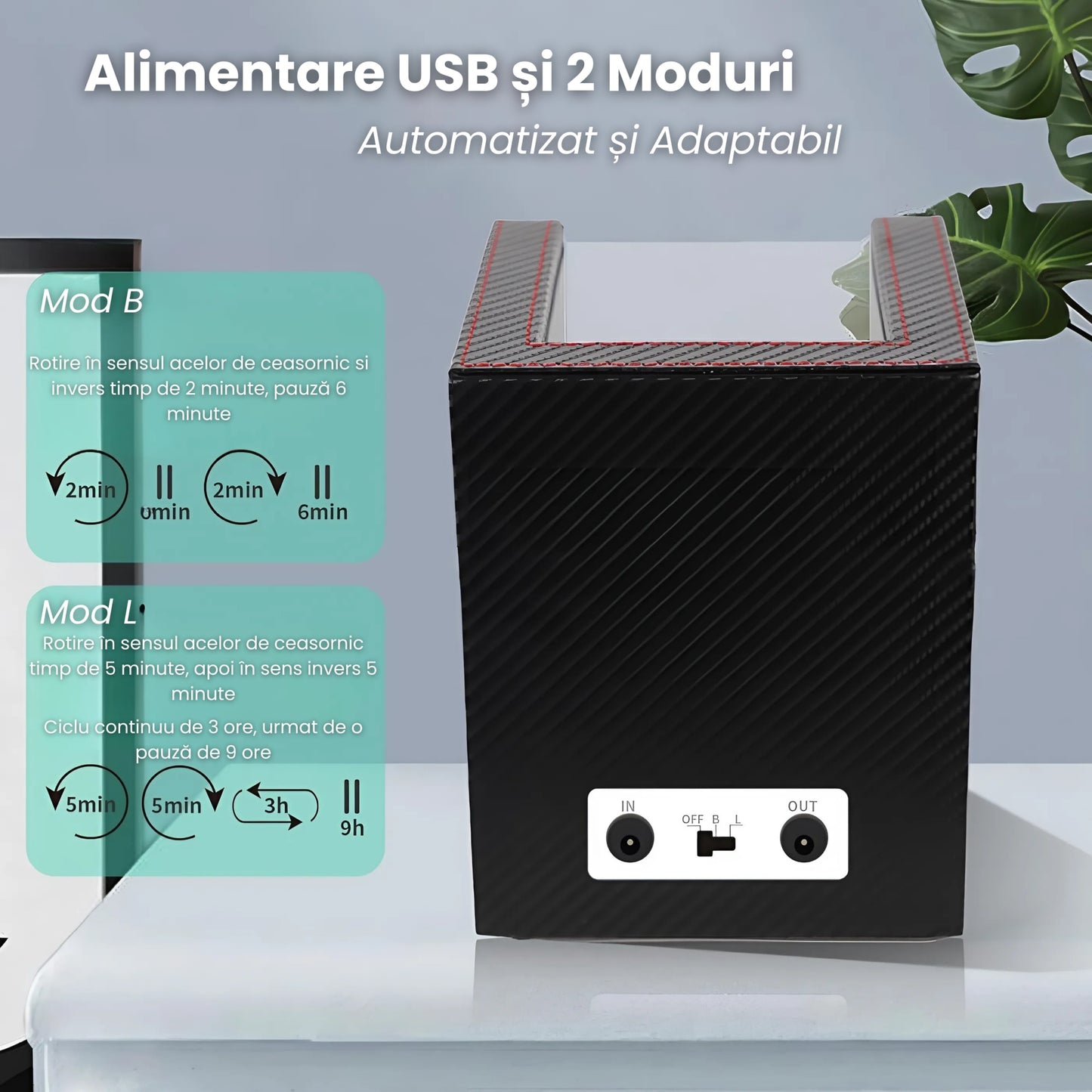 Cutie Rotativa Automata Pentru Ceas, Afisaj Premium, Doua Sloturi, Alimentare Dubla,Negru Cu Insertii Rosii