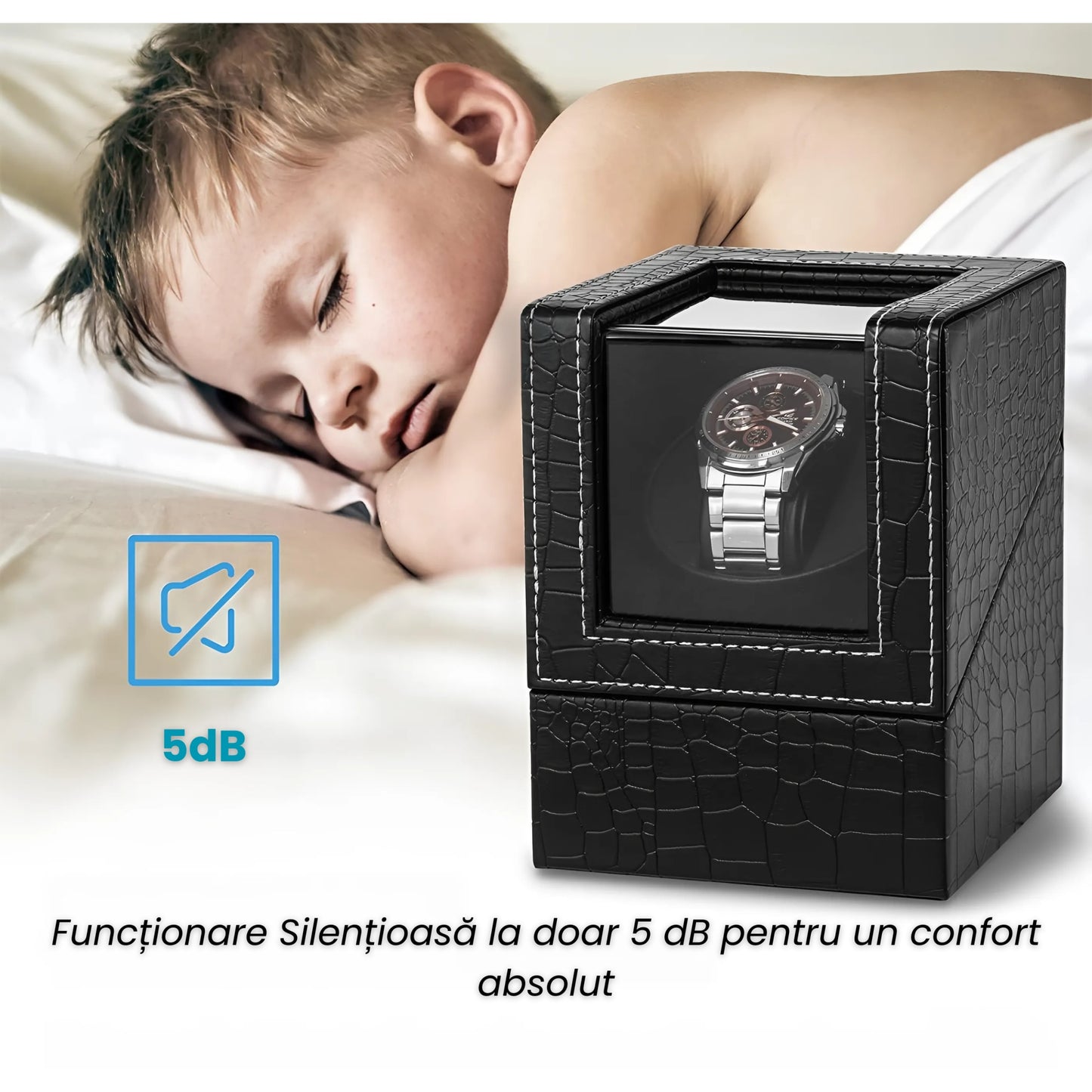 Cutie Rotativa Automata Pentru Ceas, Afisaj Premium, Doua Sloturi, Alimentare Dubla,Negru Mat Crocodil