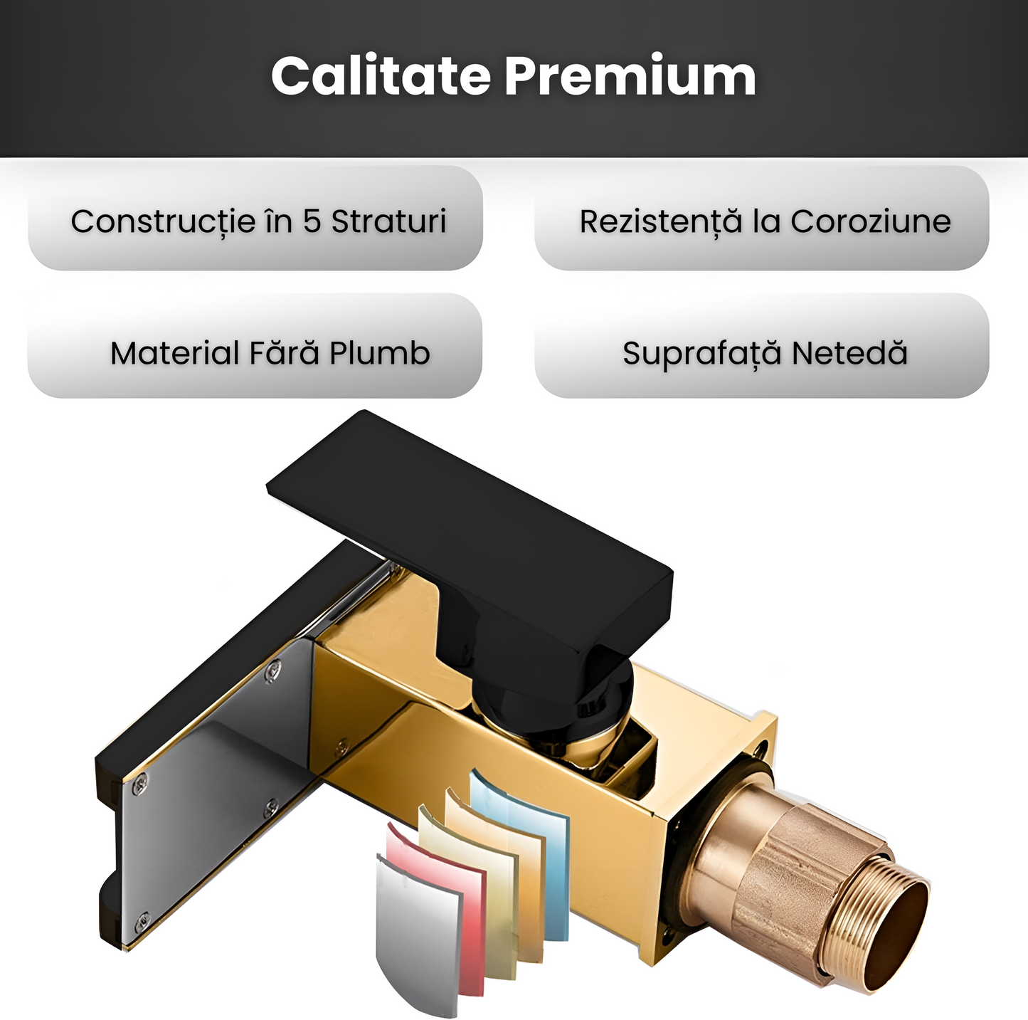 Robinet LED Cascada Modern, Jet RGB, Finisaj Negru Mat, Corp Alama, Culori Schimbate In Functie De Temperatura Apei, Rezistent La Coroziune