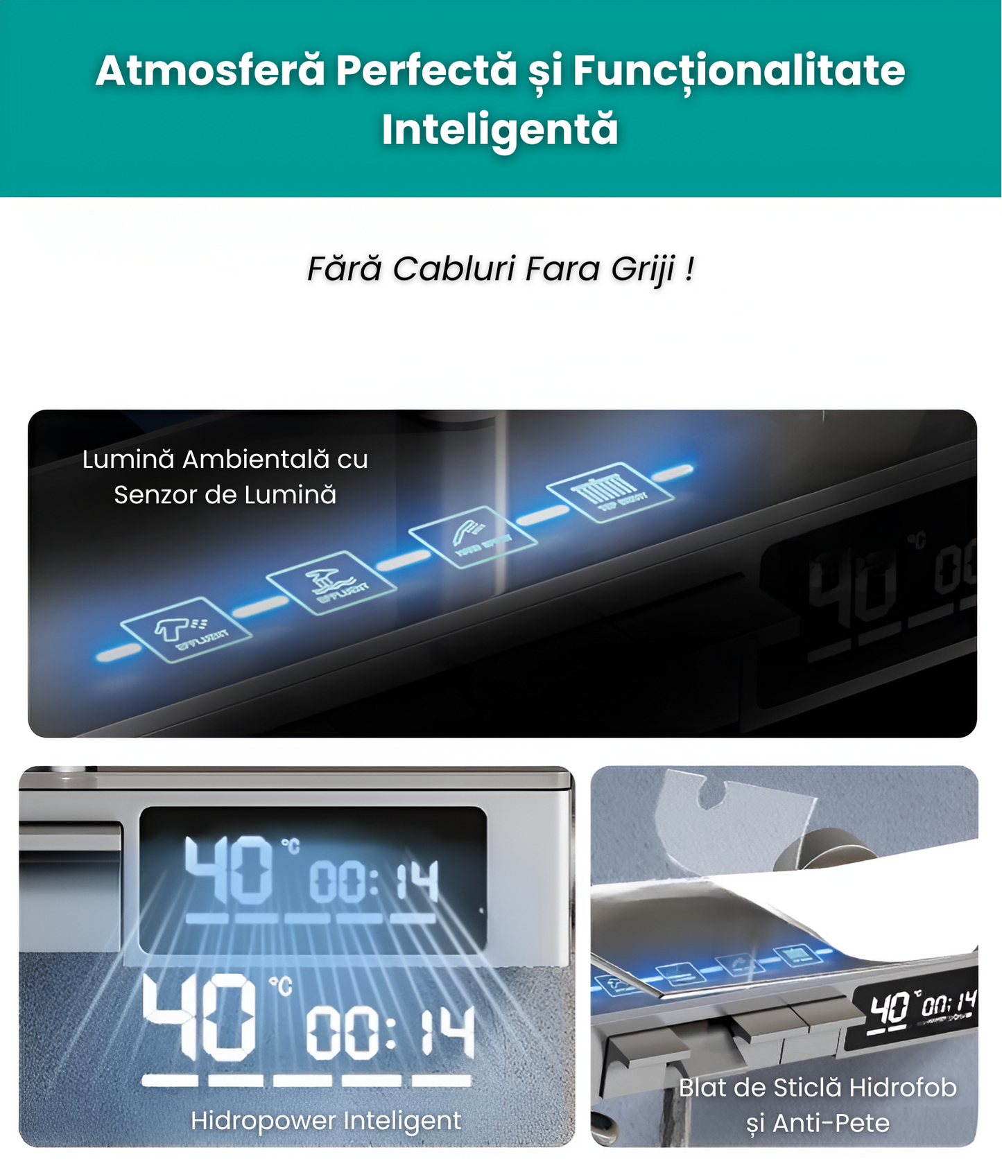 Coloana de Dus Smart, Afisaj LED, Ceas, Gradatii, Control Termostatic, 4 Moduri de Pulverizare, Tehnologie de Pulverizare cu Aer, Lumini LED, Materiale Premium, Para Dus, Robinet Ascuns, Fara Conectare Electrica, SMART GADGETS C&A, Negru