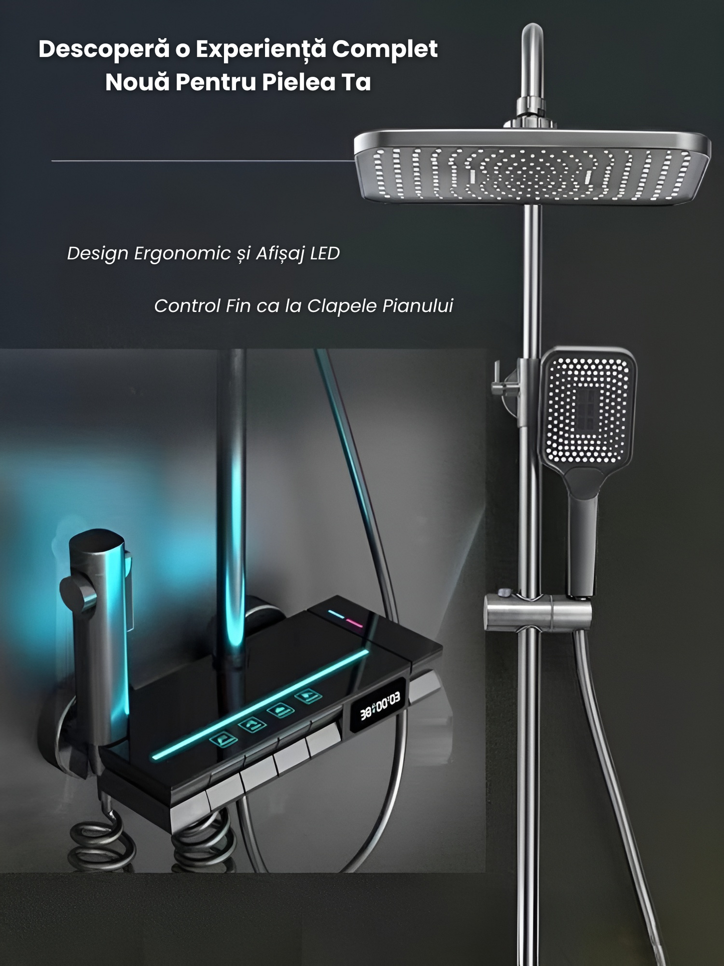 Coloana De Dus Completa, Afisaj Temperatura Digital, Lumini LED, Butoane Piano, Inaltime Reglabila