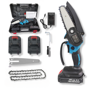 Ferastrau Electric Cu Lant Portabil, Drujba Mini Pe Acumulator 21V Cu 2 Baterii, Usor De Folosit Cu O Mana, Protectie Lant, Maner Antialunecare, Taiere Lemn, Crengi, Gradinarit Accesorii Complete Negru-Albastru