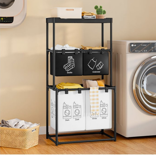 Organizator Haine Cu 4 Compartimente, Cos Rufe Pentru Lenjerie Sosete Si Sortare Haine Albe Si Inchise, Raft Depozitare Multifunctional Pentru Baie Si Spalatorie, Negru