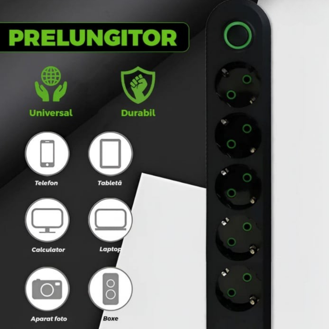 Prelungitor Electric Cu 5 Prize Si 3 Porturi USB, Cablu 3 Metri, Buton Pornire Oprire, Negru