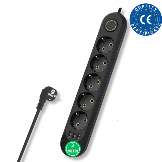 Prelungitor Electric Cu 5 Prize Si 3 Porturi USB, Cablu 3 Metri, Buton Pornire Oprire, Negru
