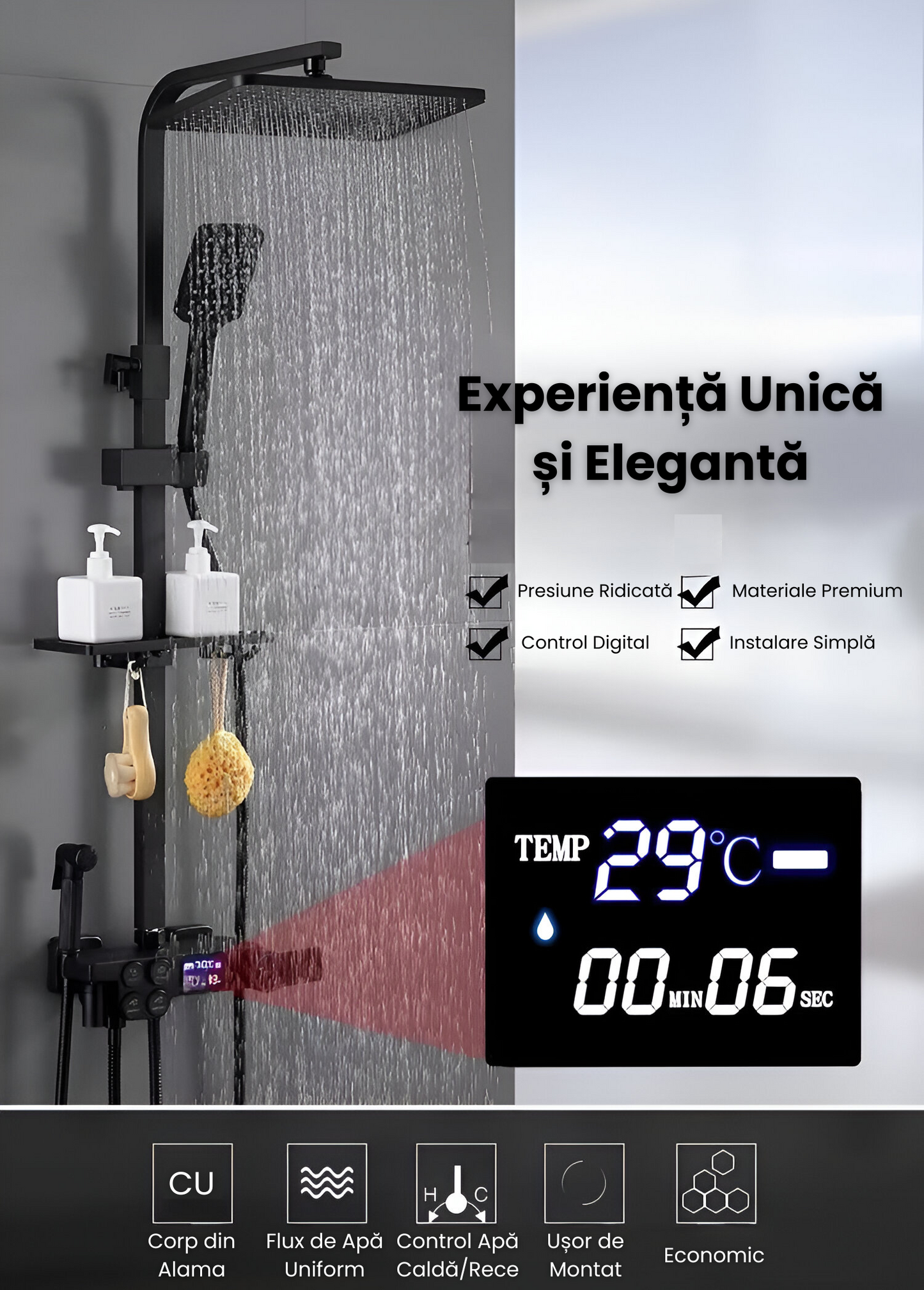 Coloana de Dus Smart, Butoane Interactive, 4 Moduri de Pulverizare, Tehnologie de Pulverizare cu Aer, Materiale Premium, Para Dus, Robinet Ascuns,Negru