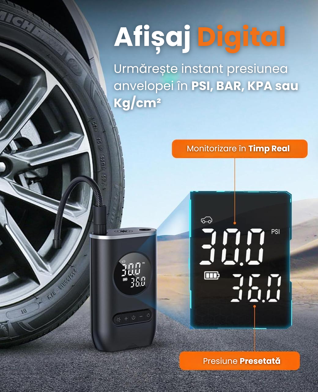 Compresor Aer Portabil Auto Cu Afisaj Digital LED,Negru