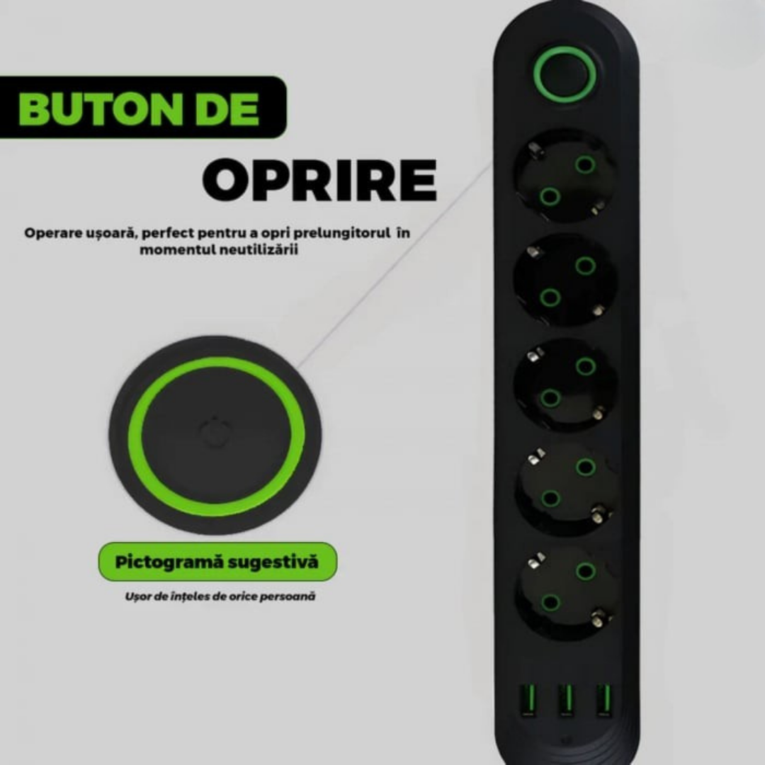 Prelungitor Electric Cu 5 Prize Si 3 Porturi USB, Cablu 3 Metri, Buton Pornire Oprire, Negru