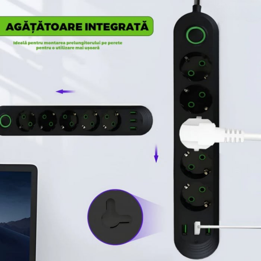 Prelungitor Electric Cu 5 Prize Si 3 Porturi USB, Cablu 3 Metri, Buton Pornire Oprire, Negru